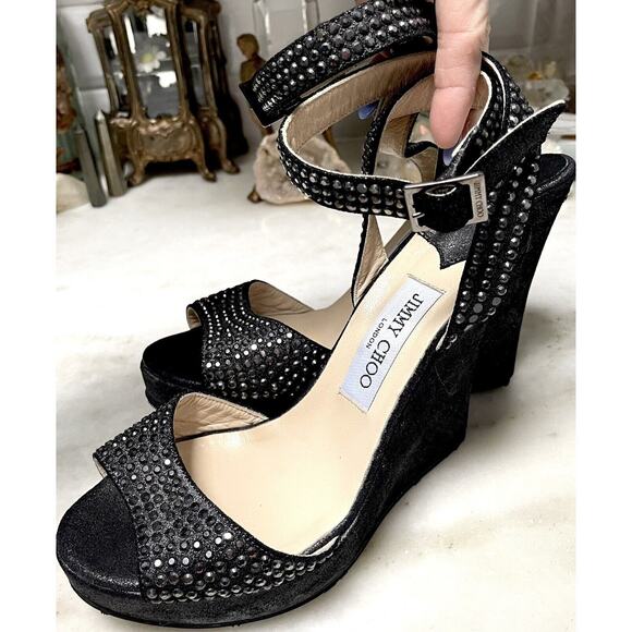Jimmy Choo Gun Metallic Pable Crystal Hematite studs wedge sandal Heels Ankle 39 - Picture 12 of 16